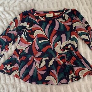 Maeve Anthropologie Cheyenne Peplum Multicolor Blouse Bird Details Sz XS GUC
